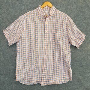 Brooks Brothers 100% Flax Irish Linen Button Shirt Mens Large Short Sleeve Check